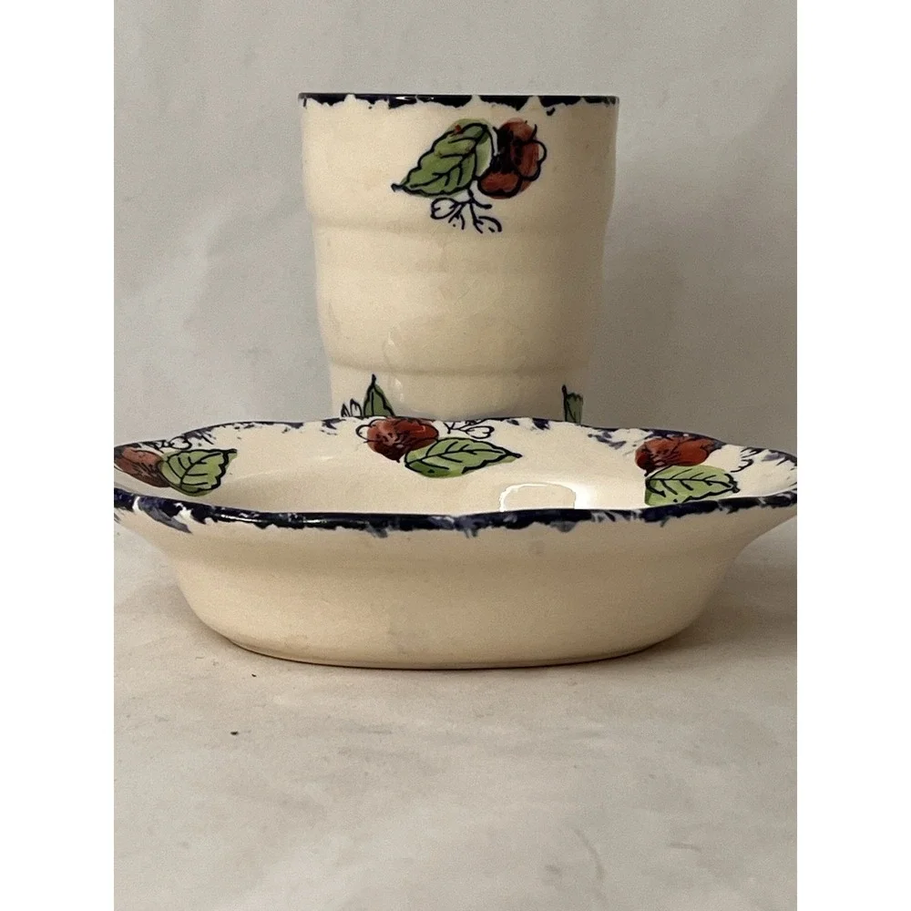 Moorland Staffordshire England Floral Soap Dish And Cup  Set‎ Blue Rim Cottage